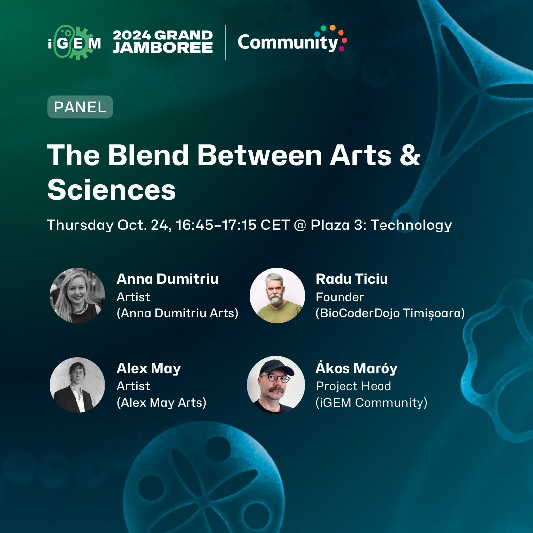 iGEMCommunity's tweet image. "The Blend Between Arts & Sciences" features renowned BioArtists showcasing how art and science intersect.
They’ll share projects & experiences, revealing how innovation in synbio and artistic expression emerge from transdisciplinary approaches.
🎟️jamboree.igem.org