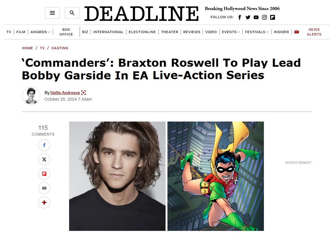 Wonderful news! I will be playing Robert "Bobby" Garside (aka Rory/Nightreign) in EA's live-action series, "Commanders." LFG! 👏🏼🦸‍♂️ <a href="/EAMultiverse/">EA</a> #CommandersEA #BobbyGarside