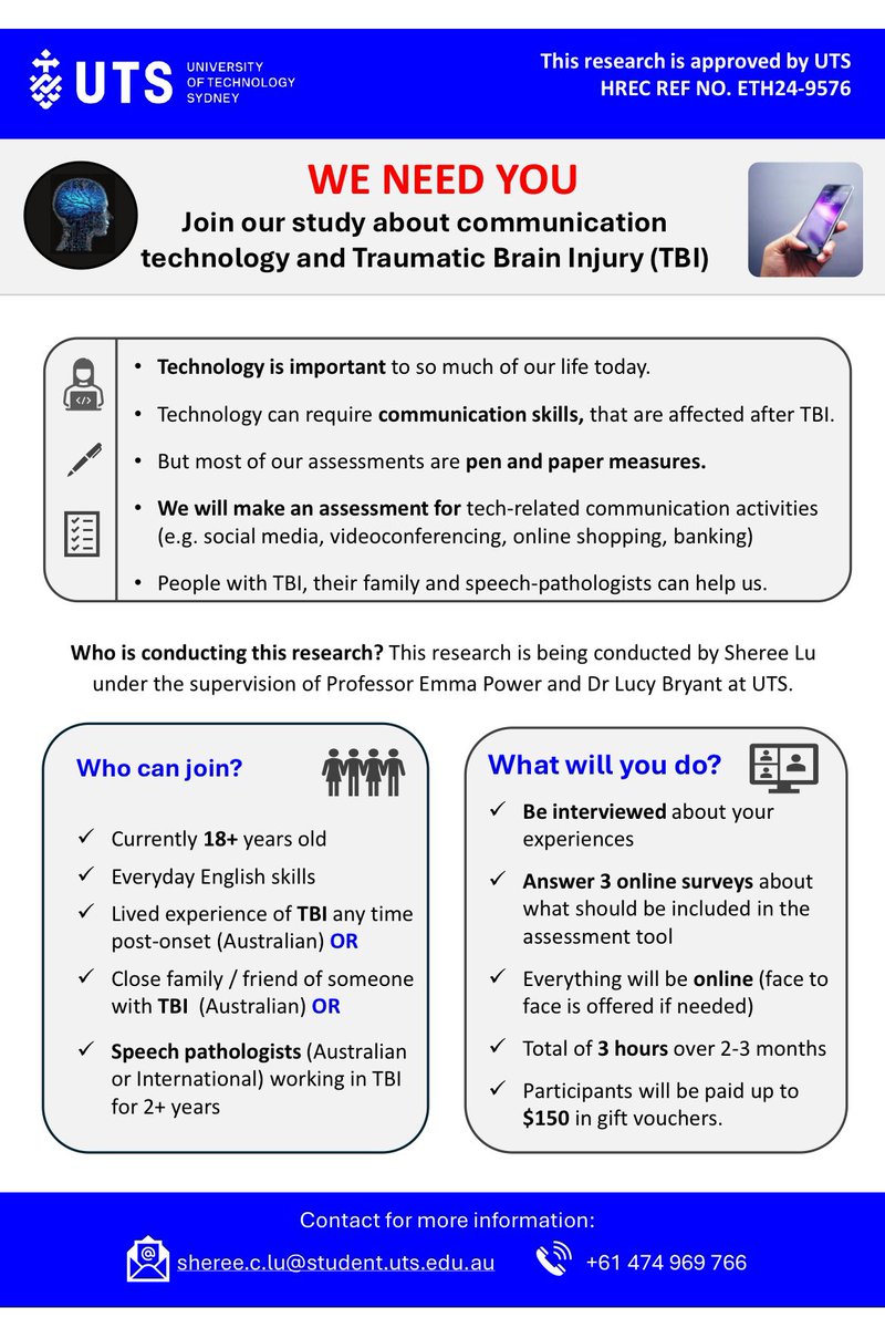 ColleenAKerr's tweet photo. Recruiting now - if you are a person with TBI, a family member or a TBI clinician - UTS are keen to get your thoughts on technology use post TBI.  🖥️ 📱 🎮💻 #braininjury https://t.co/ZTVBmH3ZET