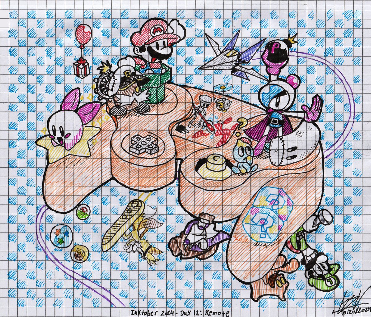 Inktober 2024 - Day 12: Remote.
"Who are you?"
#Inktober #Inktober2024 #InktoberDay12 #InktoberRemote #Remote #GameCube #Nintendo #Fanart #Crossover #SuperMario #Kirby #StarFox #Bomberman #ChibiRobo #Sonic #AnimalCrossing