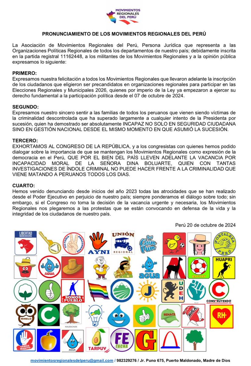 Asociación de Movimientos Regionales del Perú (@movregionales) on Twitter photo <a href="/MovRegionales/">Asociación de Movimientos Regionales del Perú</a> felicita inscripción de precandidatos en Movimientos Regionalistas; y exhorta al <a href="/congresoperu/">Congreso del Perú 🇵🇪</a> a vacar a <a href="/DinaErciliia/">Dina Boluarte</a> para frenar criminalidad inmanejable por su Gobierno.
<a href="/RPPNoticias/">RPP Noticias</a> <a href="/exitosape/">Exitosa Noticias</a> <a href="/ensustrece/">Semanario Hildebrandt en sus trece</a> <a href="/Latina_Noticias/">Latina Noticias</a> <a href="/peru21noticias/">Perú21</a> <a href="/larepublica_pe/">La República</a> <a href="/MovRegionales/">Asociación de Movimientos Regionales del Perú</a> felicita inscripción de precandidatos en Movimientos Regionalistas; y exhorta al <a href="/congresoperu/">Congreso del Perú 🇵🇪</a> a vacar a <a href="/DinaErciliia/">Dina Boluarte</a> para frenar criminalidad inmanejable por su Gobierno.
<a href="/RPPNoticias/">RPP Noticias</a> <a href="/exitosape/">Exitosa Noticias</a> <a href="/ensustrece/">Semanario Hildebrandt en sus trece</a> <a href="/Latina_Noticias/">Latina Noticias</a> <a href="/peru21noticias/">Perú21</a> <a href="/larepublica_pe/">La República</a>