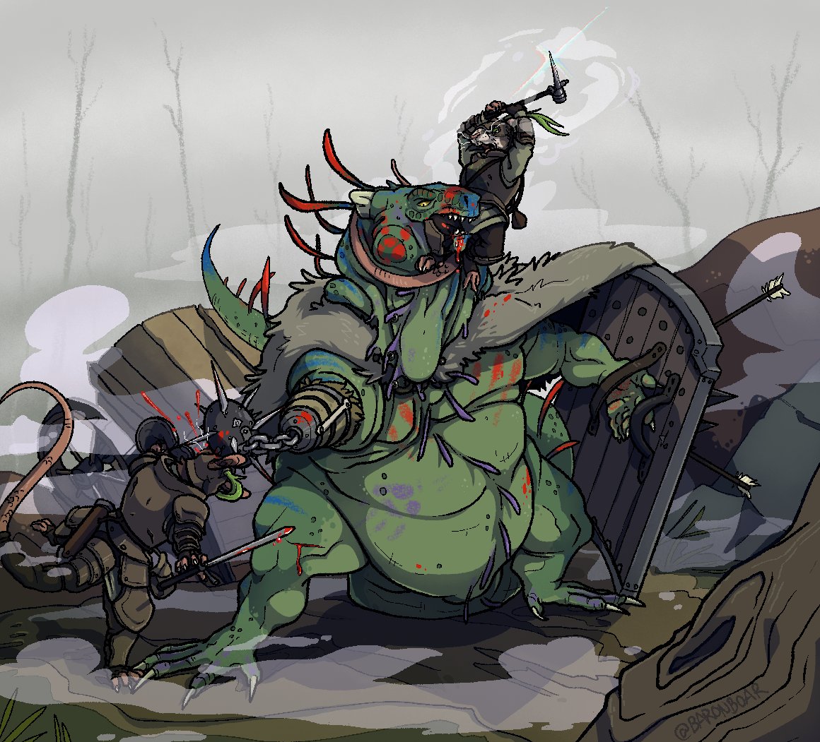 BaronBoar's tweet photo. If you don't want to get lost in the marshland you follow the Harver river. If you want to survive your journey you'll risk getting lost. 

A vicious Garril named Skrang defends his territory from Oztenkig soldiers! 

#furryarwork #furryart #fantasy https://t.co/HsdoapdAq8