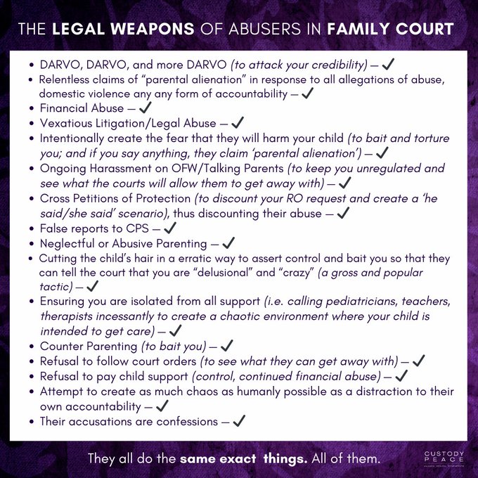 judyju18's tweet photo. The legal weapons of Abusers in #familycourt. This is not complicated. They all do the same things. All of them.
#coercivecontrol #postseparationabuse #domesticviolence #vexatiouslitigation #FinancialAbuse #BradPitt #LitigationAbuse #DARVO #BradPittIsAnAbuser #awarenessbuilding https://t.co/fiQ4eKonxR