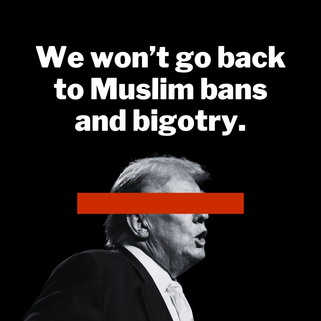 Muslims_Harris's tweet photo. Donald Trump has promised to reinstate his Muslim Ban and expand it to refugees in Gaza. Muslims cannot afford another four years of Trump’s bigotry. #MuslimBan #WereNotGoingBack #HarrisWalz2024 https://t.co/GFDweuW0Da
