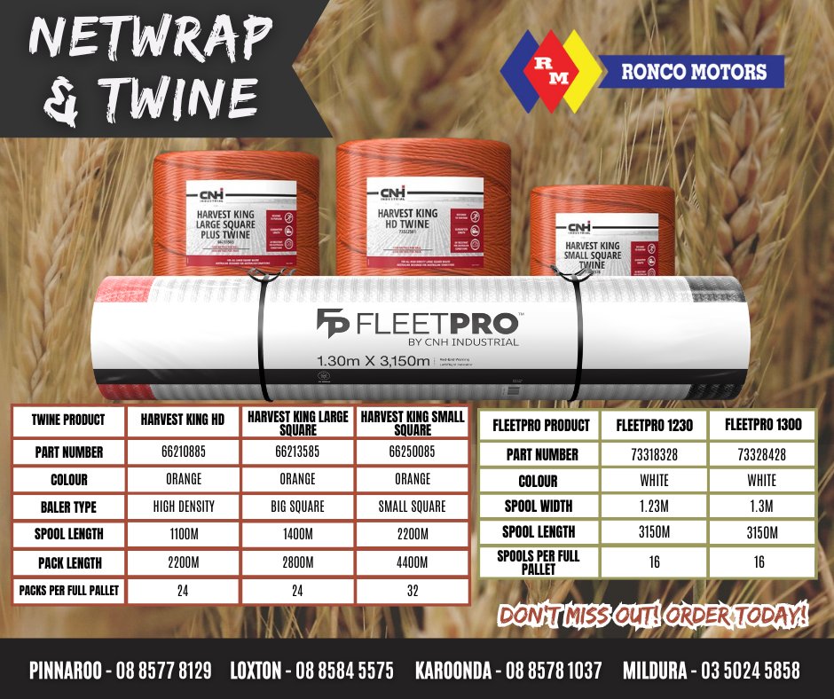 It's hay season!
Get in and get your NetWrap and Twine today. We have a large range available.
Pinnaroo, Loxton, Karoonda and Mildura.