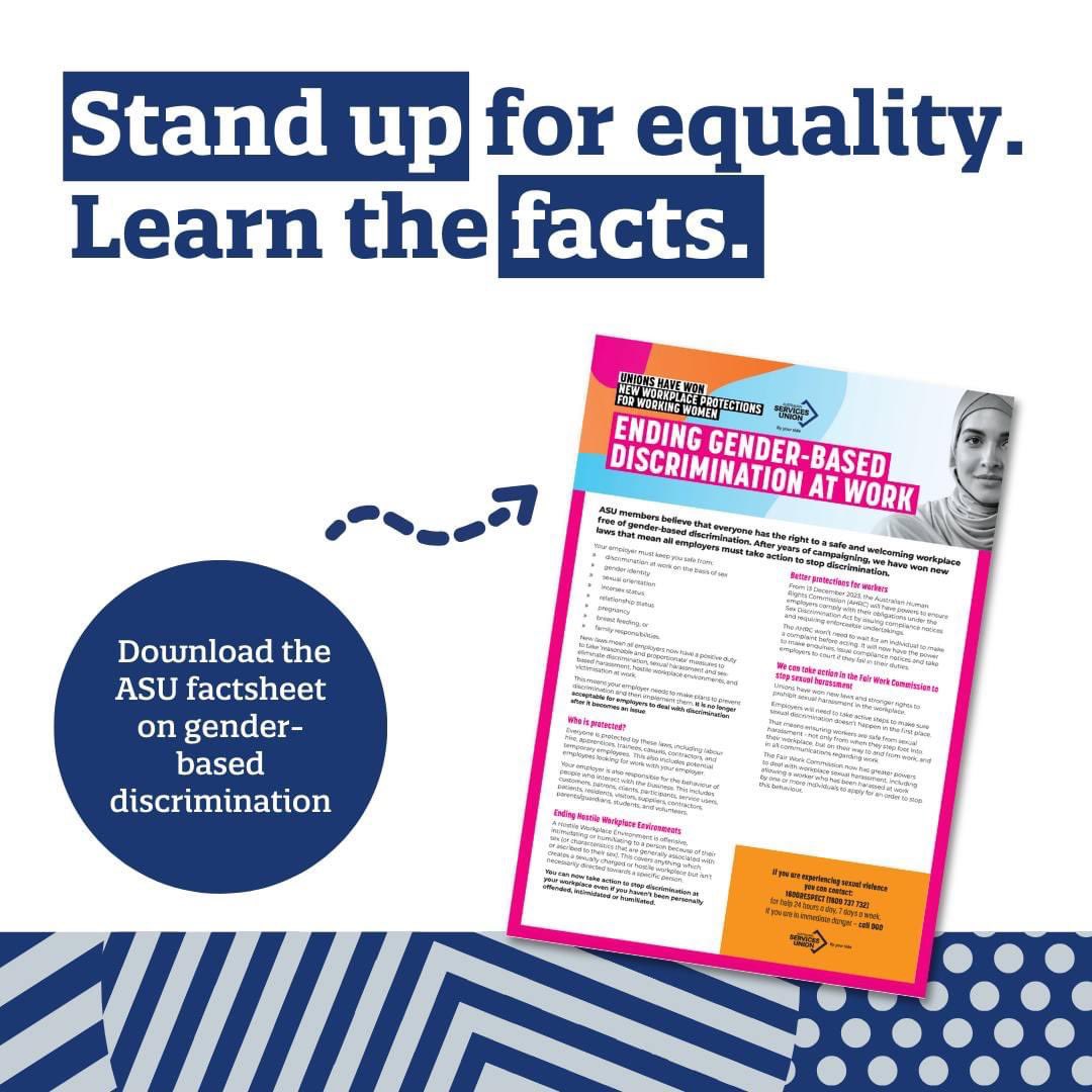 It’s National Safe Work Month!

We’re highlighting the new laws on Gender Discrimination that ASU members won. 

These ensure safer workplaces for everyone, eliminating discrimination and creating respect. 

ASU members can access a fact sheet via the member portal to learn more!