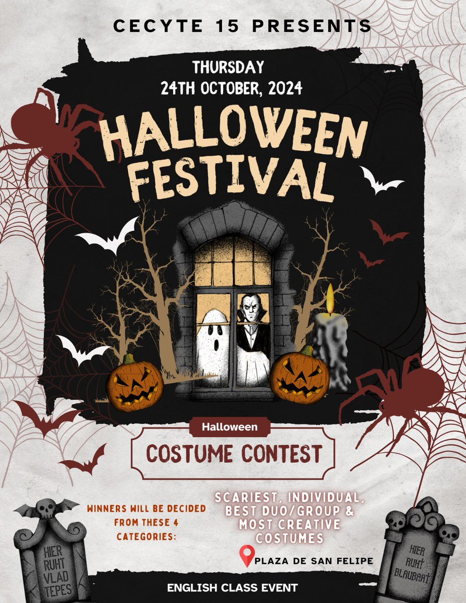 Cecyte15's tweet photo. 🎃👻 Are you ready? 🎃👻
Acompáñanos este jueves 24 de octubre en la Plaza de San Felipe para el Festival de Halloween! 🎉🎉🕸️
We can't wait to see you there! 🧛‍♂️🕷️👽
#HalloweenFestival #SoyCECYTE15 #SanFelipe #DisfracesCreativos https://t.co/OKHcaX57Ns