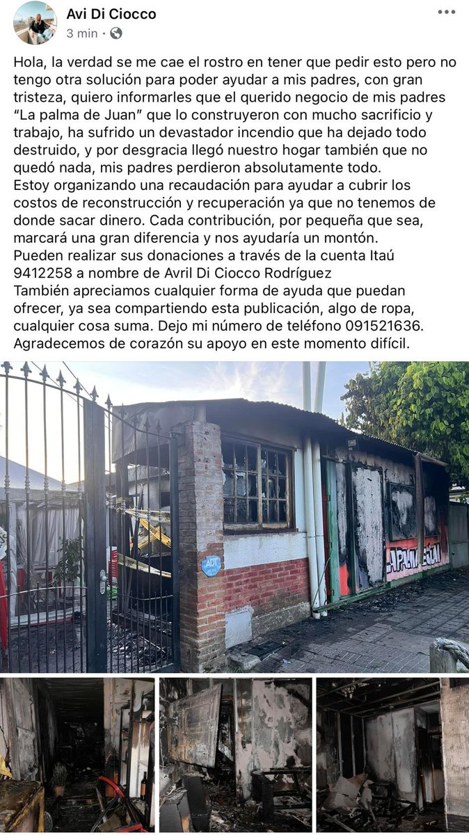 emekavoces's tweet photo. ‼️👉 #ATENCIÓN Solicitan colaboración tras el devastador incendio en el local gastronómico y vivienda "La Palma de Juan".
Me escribió Avi Di Ciocco, hija de los damnificados y me explicó: 'lo perdieron todo, absolutamente todo' https://t.co/rV3Ykf8vKY