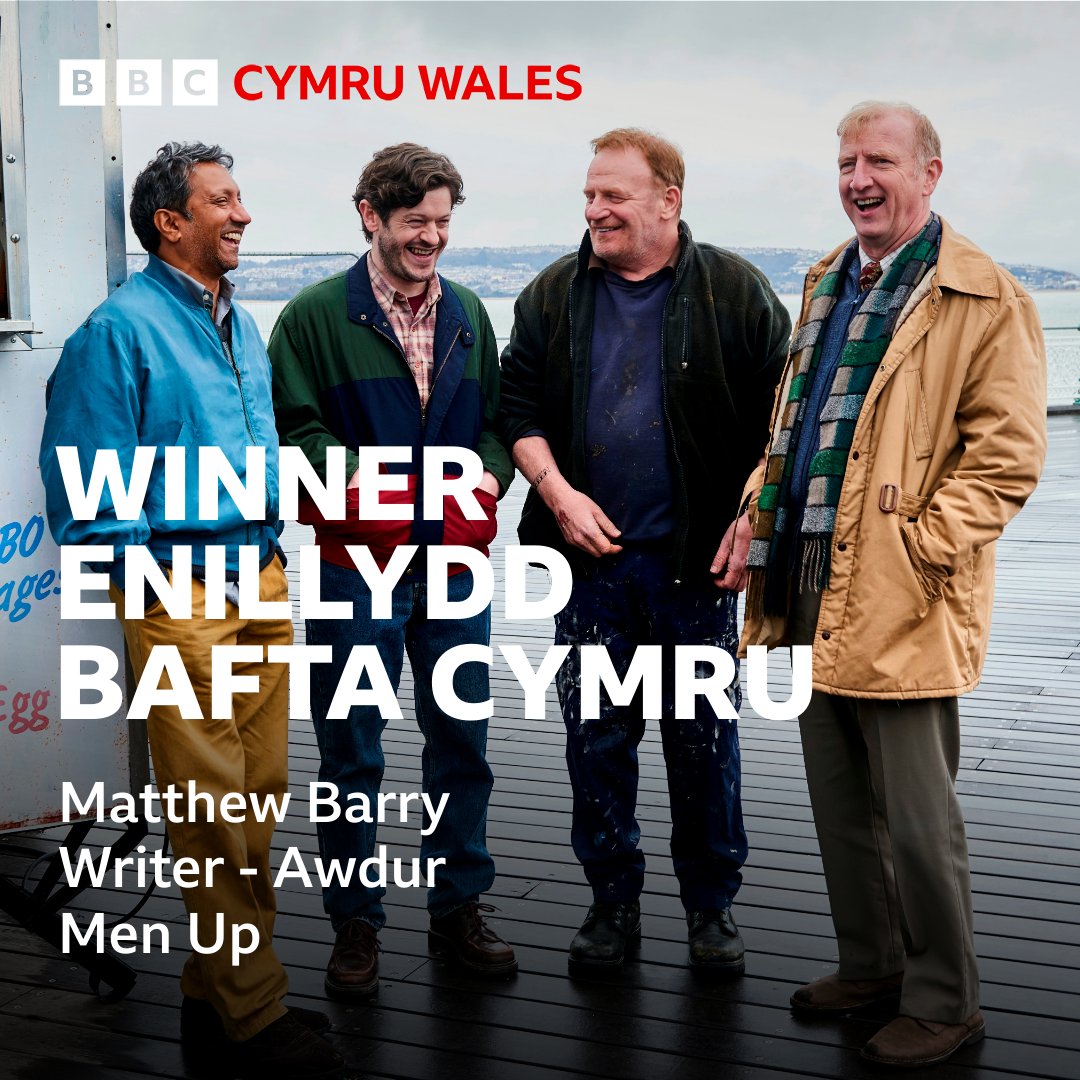 Llongyfarchiadau to Matthew Barry for securing  the <a href="/BAFTACymru/">BAFTA Cymru</a> Best Writer Award for Men Up.

What an achievement! <a href="/boomcymru/">Boom Cymru</a> and Quay Street Productions.🏆