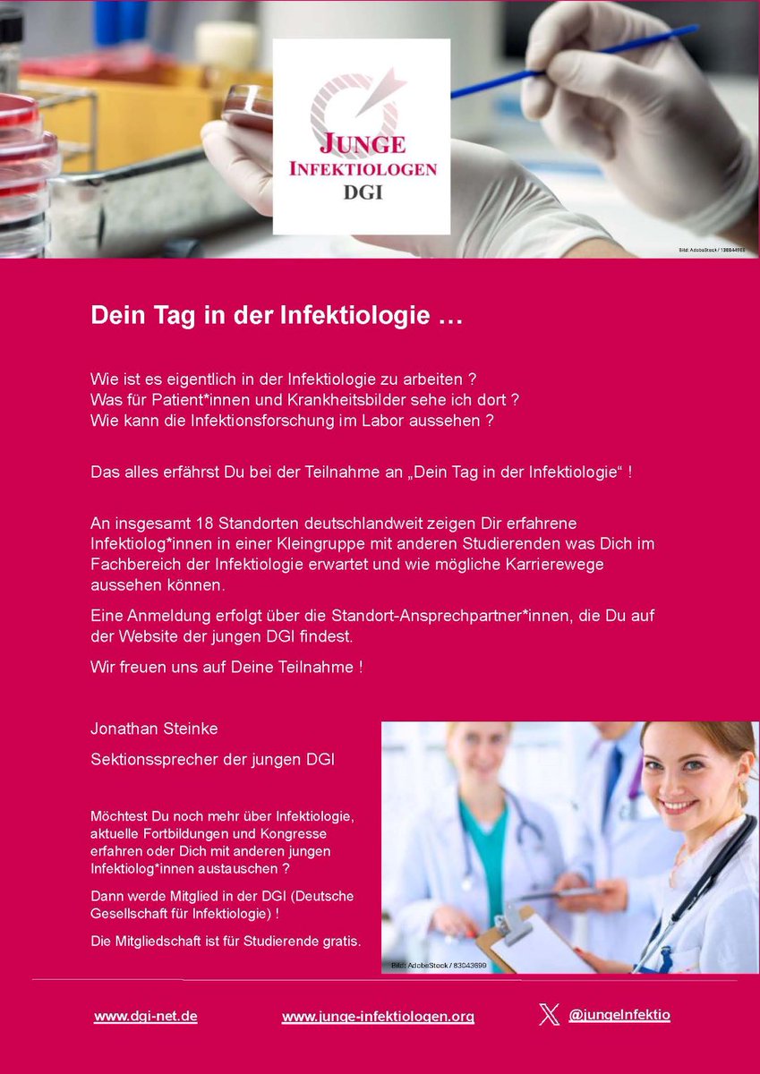 Ende November findet an 18 Kliniken deutschlandweit "Dein Tag in der Infektiologie" statt. Hierbei erhalten Studierende einen Einblick in die Arbeit als Infektiolog*in (Klinik mit bedside teaching + Forschung) in einem nahbaren persönlichen Setting ! Wir freuen uns auf Euch!