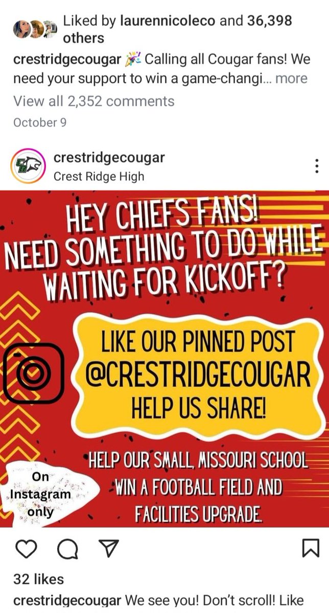 jonib73's tweet photo. @Chiefs Hoping you can help this Missouri school win a field upgrade.  CA schools are winning. Please consider a shout out! https://t.co/7JWvMn29bF