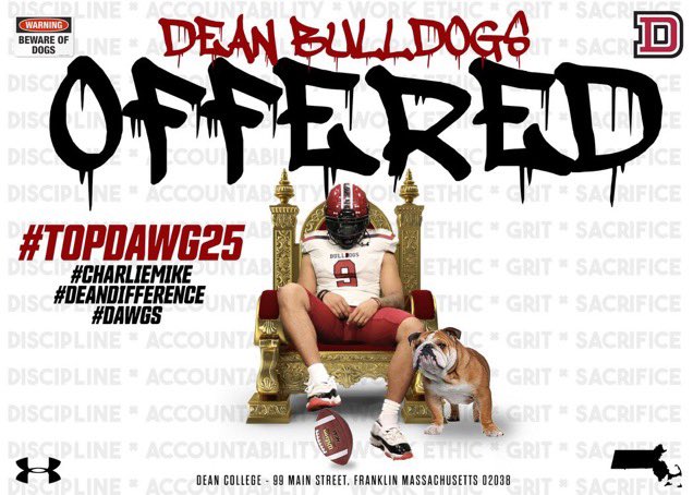 Blessed to have received my first d3 offer from <a href="/DeanCollegeFB/">Dean Bulldogs Football</a> 

Thank you <a href="/Coach_Carney65/">Patrick Carney</a> !