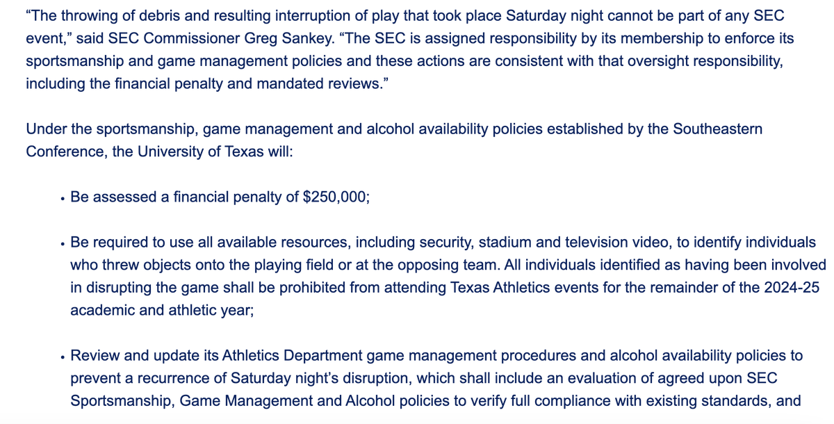 ChrisVannini's tweet photo. NEW: Texas has been fined $250,000 for fans throwing garbage on the field. 

Texas must also use all available resources to identify who threw stuff on the field.

https://t.co/CAWd3gJdeZ https://t.co/wYHZDX9QCF