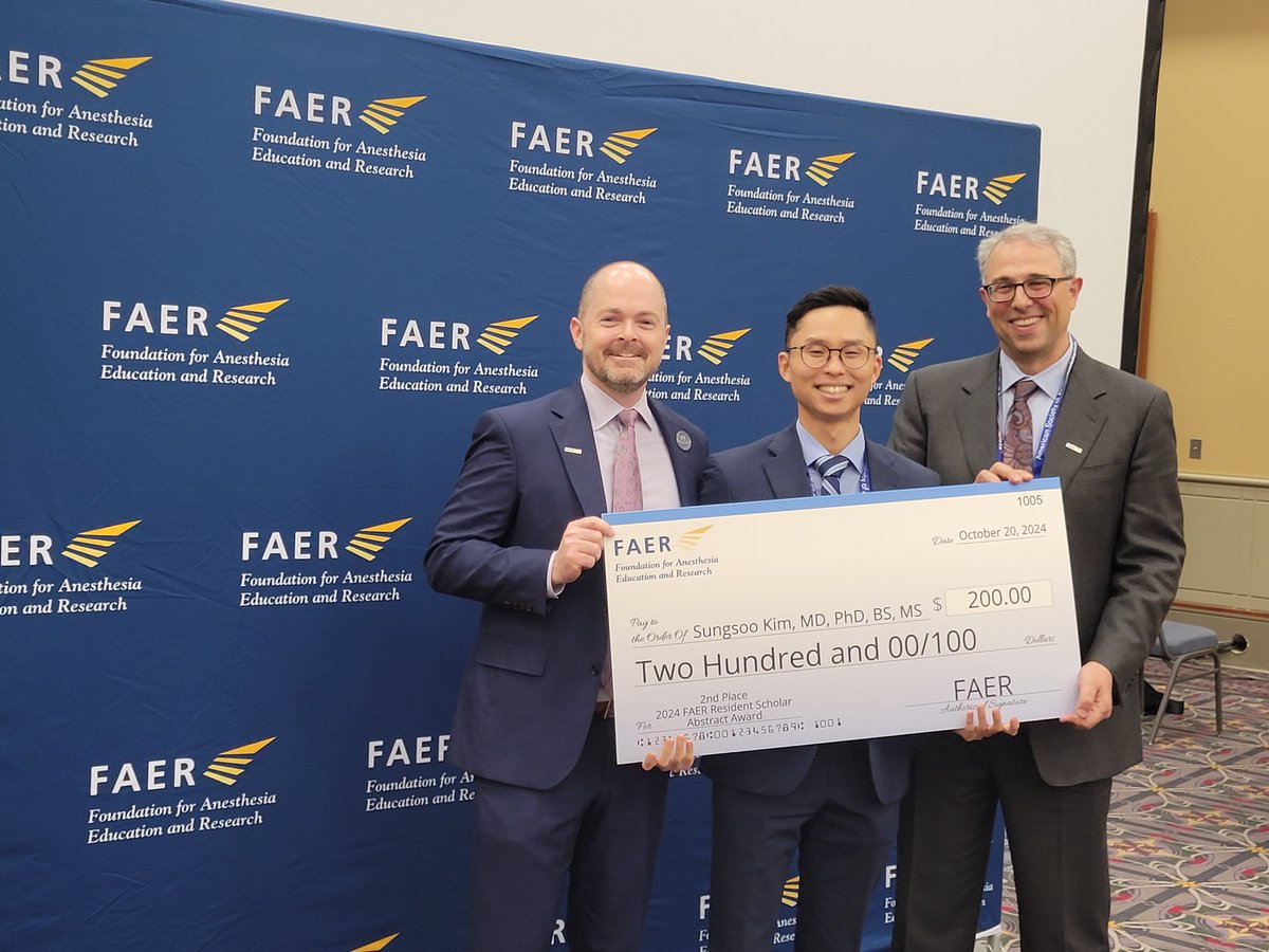 Huge congratulations to our #FAERrsp poster winners at #ANES24! 🏆 👏

1st Place: Peter Santer, MD ( <a href="/BIDMCAnesthesia/">BIDMC Anesthesia, Critical Care and Pain Medicine</a>)
2nd Place: Sungsoo Kim, MD, PhD, BS, MS ( <a href="/UCLAAnes/">UCLA Anesthesiology</a>)
3rd Place: Kevin Burfeind, MD, PhD ( <a href="/OHSUAnesthesia/">OHSU Anesthesia</a>)

<a href="/drchadb/">Chad M Brummett</a> @ASAlifeline #Research #TheFutureIsFAER