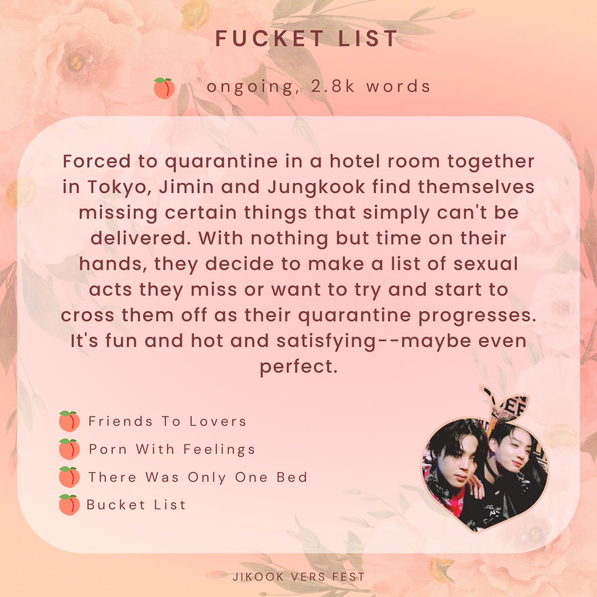 jikookversfest's tweet photo. Fucket List
— Ongoing, 2.8k

🔗: https://t.co/U4zJuzbTxO https://t.co/1ILmJVV1iw
