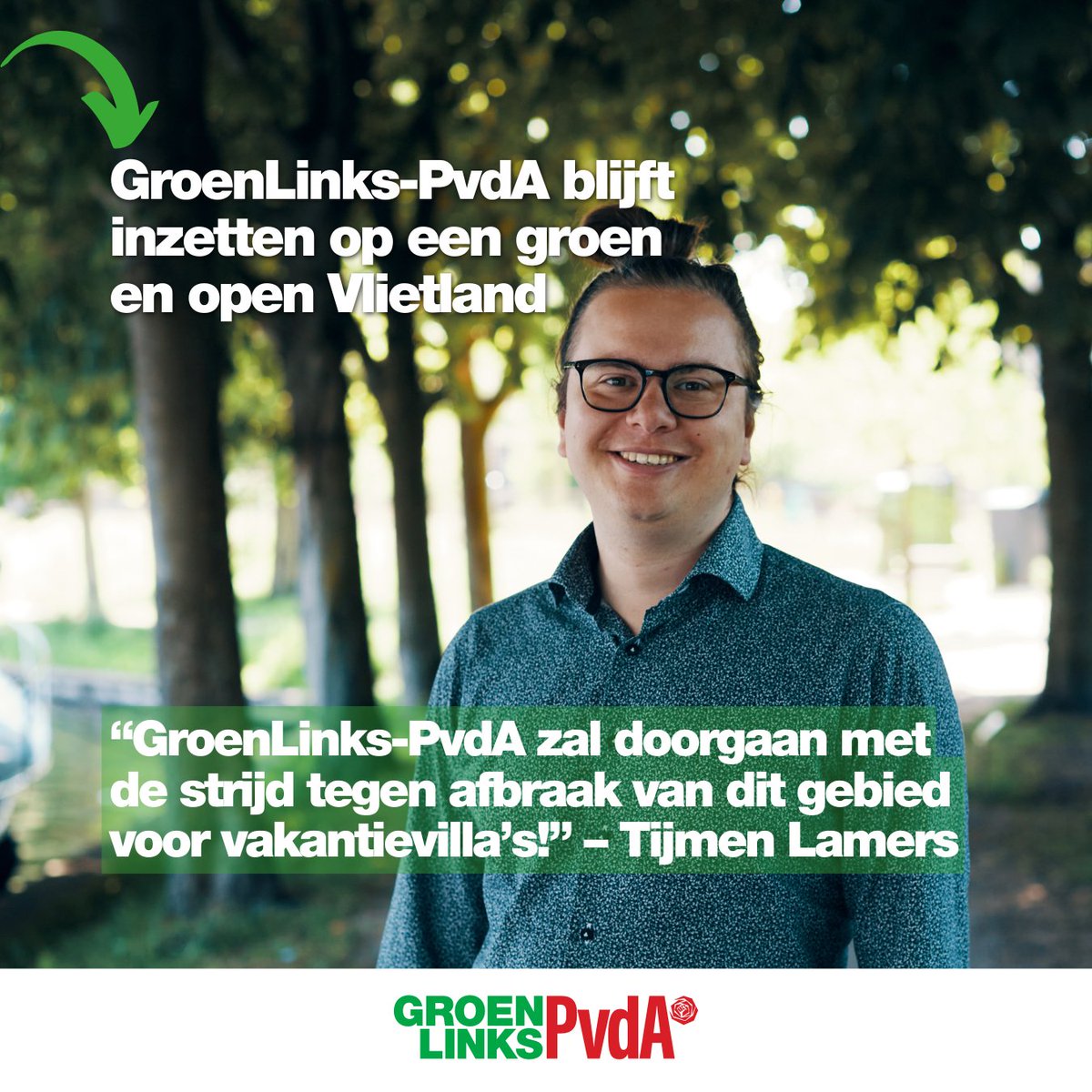 "Juist vanwege de recreatie- en natuurwaarde willen wij niet dat Vlietland volgebouwd wordt met 222 vakantievilla’s! GroenLinks-PvdA zal doorgaan met haar strijd tegen de afbraak van dit gebied voor vakantievilla’s!” – @TijmenLamers 
zuidholland.groenlinks.nl/nieuws/groenli…