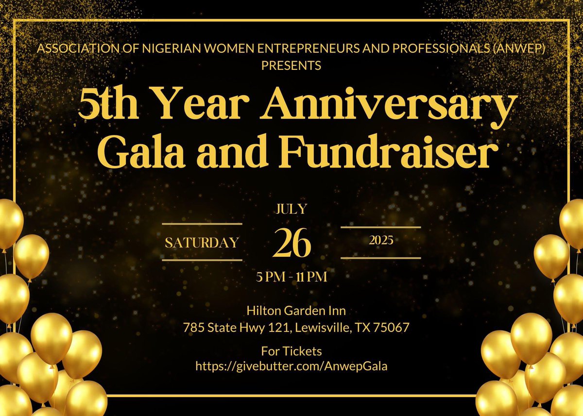 ANWEP2's tweet photo. 🎉 ANWEP’s 5th Year Anniversary &amp; Fundraising Gala! 🎉

📅 Date: Saturday, July 26, 2025
📍 Venue: Hilton Garden Inn, Lewisville, TX
⏰ Time: 5 PM – 11 PM
🎩 Dress Code: Evening/Formal, Colors: Black with a touch of Gold

✨ Secure Your Tickets Today: https://t.co/tkPEeIHL3Y https://t.co/kAw37xmJlH