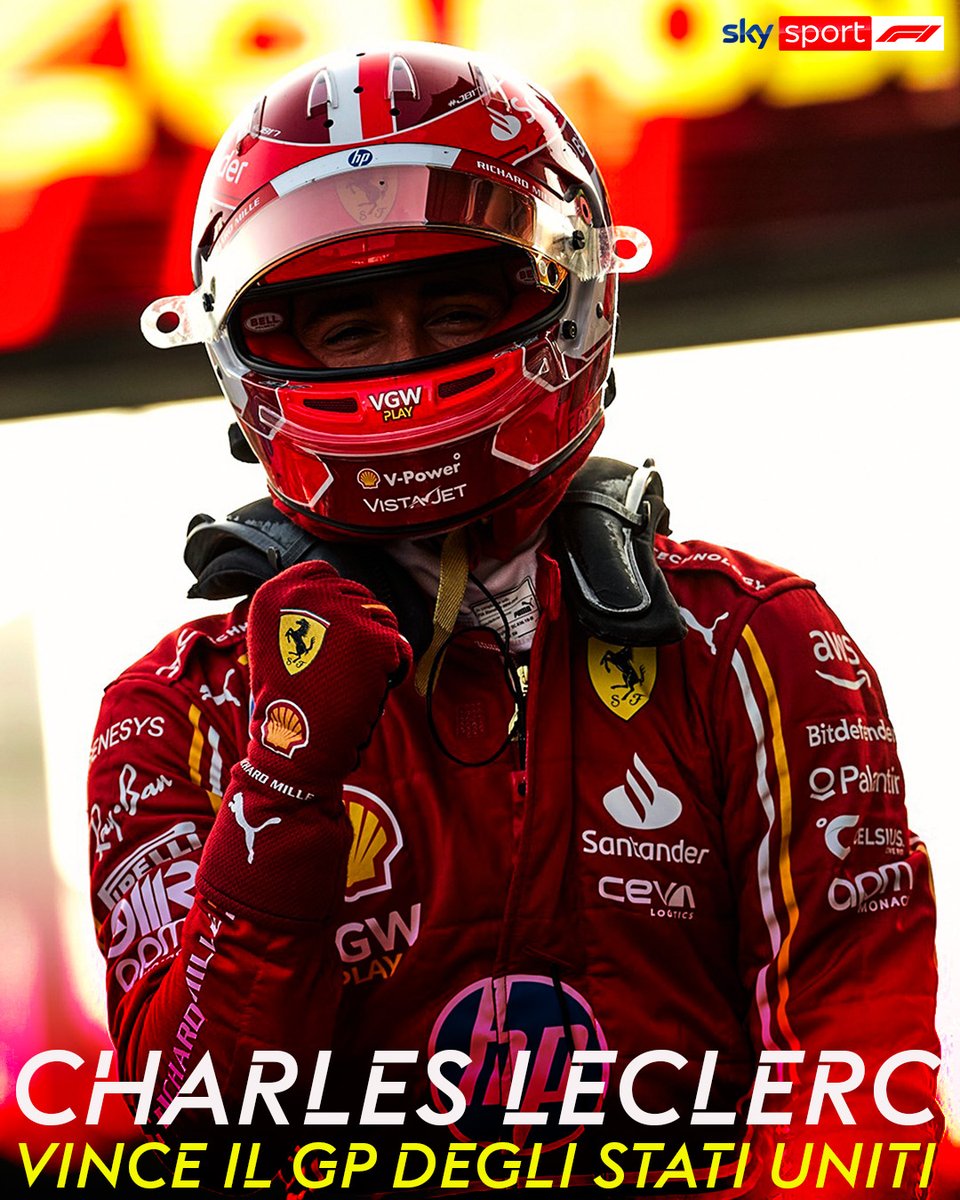 SkySportF1's tweet photo. 😍 TUTTO VERO, CAPOLAVORO FERRARI!
🏆 Charles Leclerc vinceeeeee ad Austin, 2° Sainz
I risultati 🔗 https://t.co/Lq1kKq55t8
#SkyMotori #F1 #Formula1 #USGP https://t.co/6Y66jiVVh7