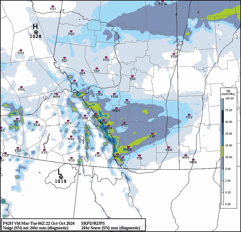 CTVdavidspence's tweet photo. From ECCC, a map of expected snow totals by midnight Tuesday morning. If this is right, #yyc could get 2-5 cm south of downtown, 5-10 in the north. The heaviest snow is expected in the late afternoon and evening. Drive carefully! #abstorm https://t.co/iCrJER9w2Y