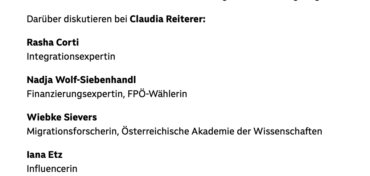 Tut mir leid, lieber ORF, aber das ist eine Frechheit. Der Sendungstitel ist "Im Zentrum, Integration, wie schaffen wir das", und dann sitzt da eine Frau zwischen mehreren Expertinnen, deren einzige Expertise ist, dass sie wohl öfter am Stammtisch Versicherungen verkauft