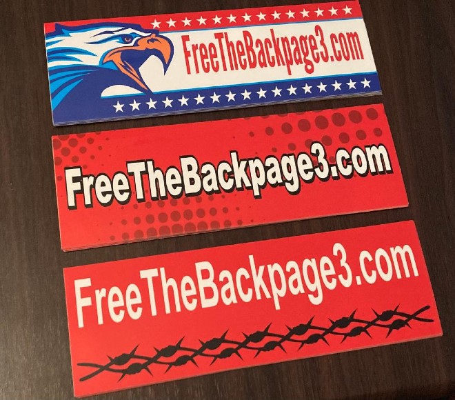 stephenlemons's tweet image. To show support for the #Backpage3, DM me your mailing address, and I will send you a bumper sticker, gratis. In return, just send me a photo of the sticker in use. #FreetheBackpage3 2/2