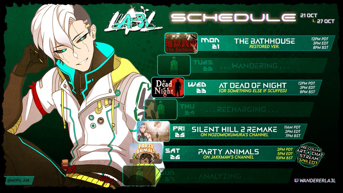 LA3L 🌱🦿ᴀɴᴅʀᴏɪᴅ ᴠᴛ (@wandererla3l) on Twitter photo 🌱 UPCOMING SCHEDULE—10.21-10.27
Horror upon horror upon horror........
Returning to SH2 with @NozomiOkumura except everything is in high definition oh no
Ending the week with the truest horror of all, battling <a href="/JakkMaw/">Jakk Maw 😈👑 Demon King【ENVTuber】</a> (and friends) as a cute animal.......
HAVE A GREAT WEEK 🌱 UPCOMING SCHEDULE—10.21-10.27
Horror upon horror upon horror........
Returning to SH2 with @NozomiOkumura except everything is in high definition oh no
Ending the week with the truest horror of all, battling <a href="/JakkMaw/">Jakk Maw 😈👑 Demon King【ENVTuber】</a> (and friends) as a cute animal.......
HAVE A GREAT WEEK