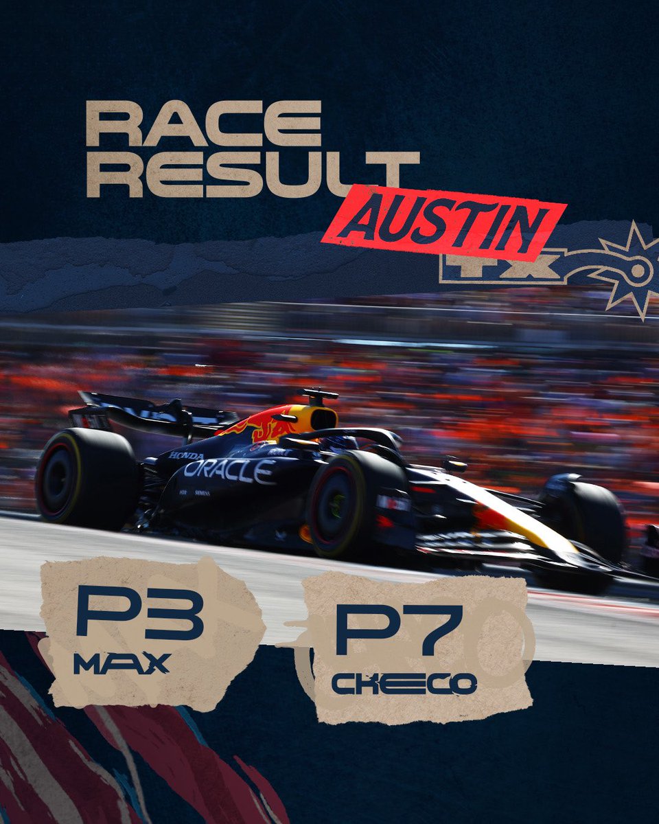 redbullracing's tweet image. Hard fought right until the end! 🇺🇸

Valuable points from both drivers with a solid podium finish for Max in P3💪

LEC, SAI, Max P3, NOR, PIA, RUS, Checo P7, HUL, LAW, COL

#F1 || #RedBullRacing || #USGP 🇺🇸