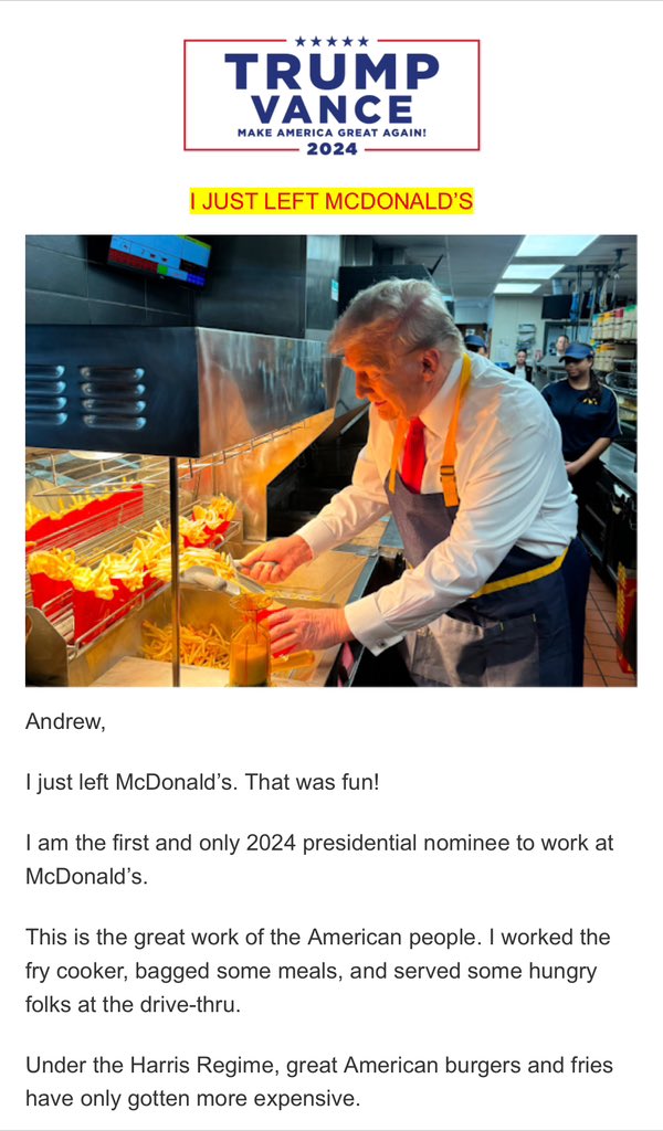 The location was closed. And you didn’t do any work. You just donned an apron and played dress up for another sad photo-op. You still haven’t worked at McDonalds, which doesn’t hire convicted felons. And <a href="/KamalaHarris/">Kamala Harris</a> remains the only candidate who has. But wow does she own you.