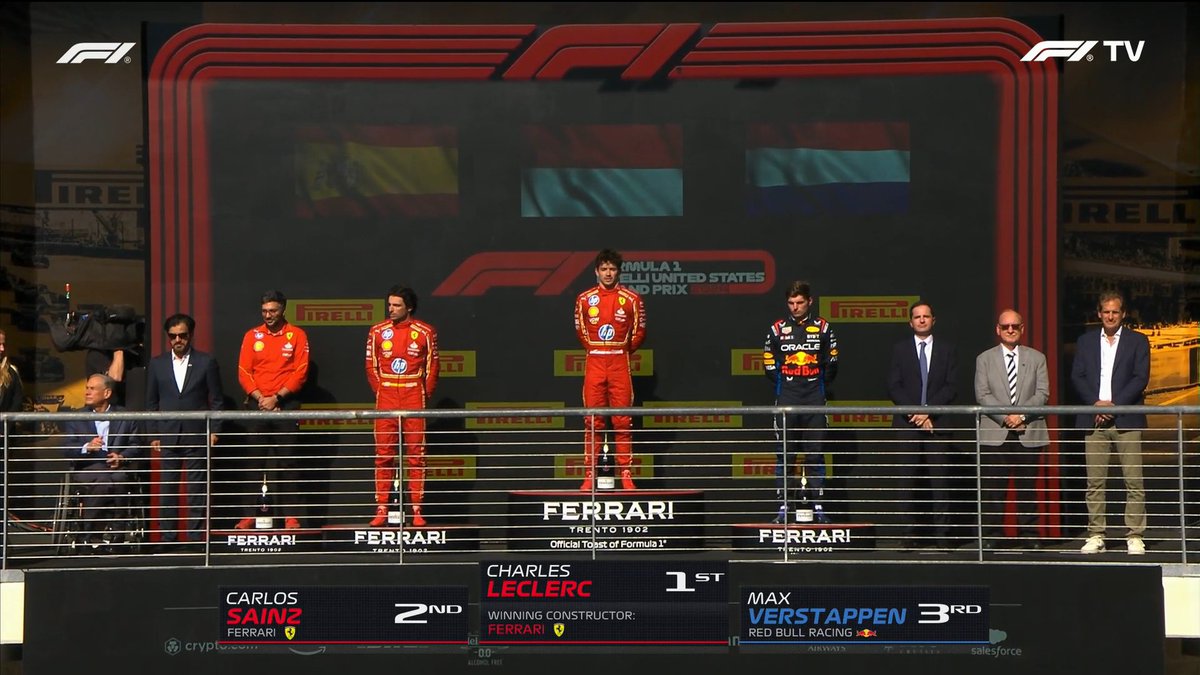 PeekPerfomance's tweet photo. PODIUM #FORMULA1 #Pirelli #USGP 🇺🇸
1⃣Charles Leclerc 🇲🇨| Ferrari
2⃣Carlos Sainz 🇪🇸| Ferrari
3⃣Max Verstappen 🇳🇱| Red Bull Racing
📸F1 TV
#F1 #PirelliPZero #UnitedStatesGP #COTA #CircuitOfTheAmericas #COTAGP
All https://t.co/6aUA4Yzye2