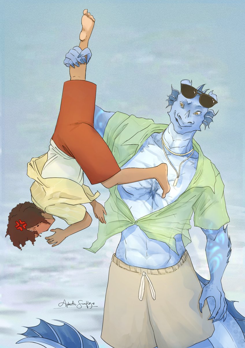 Since Ruben loves to irritate Kipperlilly, Oisin had to give him a little karma on the Rat Grinders’ beach trip (or at least that’s my reasoning for wanting to use this meme format)
Art provided by the excellent <a href="/AphoticFirefly/">Min</a> via <a href="/d20afp/">D20 Artists For Palestine 🇵🇸</a> 
#fantasyhigh #d20