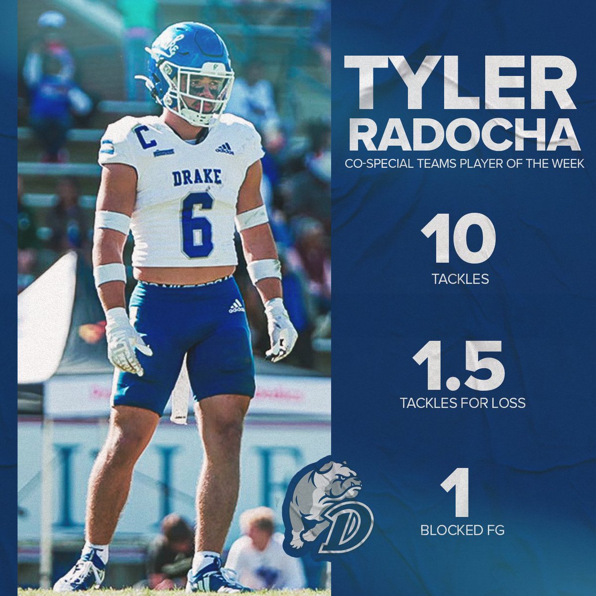 DrakeBulldogsFB's tweet photo. 🌟 𝐏𝐅𝐋 𝐂𝐎-𝐒𝐏𝐄𝐂𝐈𝐀𝐋 𝐓𝐄𝐀𝐌𝐒 𝐏𝐋𝐀𝐘𝐄𝐑 𝐎𝐅 𝐓𝐇𝐄 𝐖𝐄𝐄𝐊 🌟

@TylerRadocha earns the second PFL Special Teams Player of the Week Award after a clutch performance vs. Presbyterian on Saturday.

🏈📰➡️ https://t.co/dUQuSe5Zfm

#RAISEtheBAR | #DSMHometownTeam https://t.co/NVQJB5ZWMQ