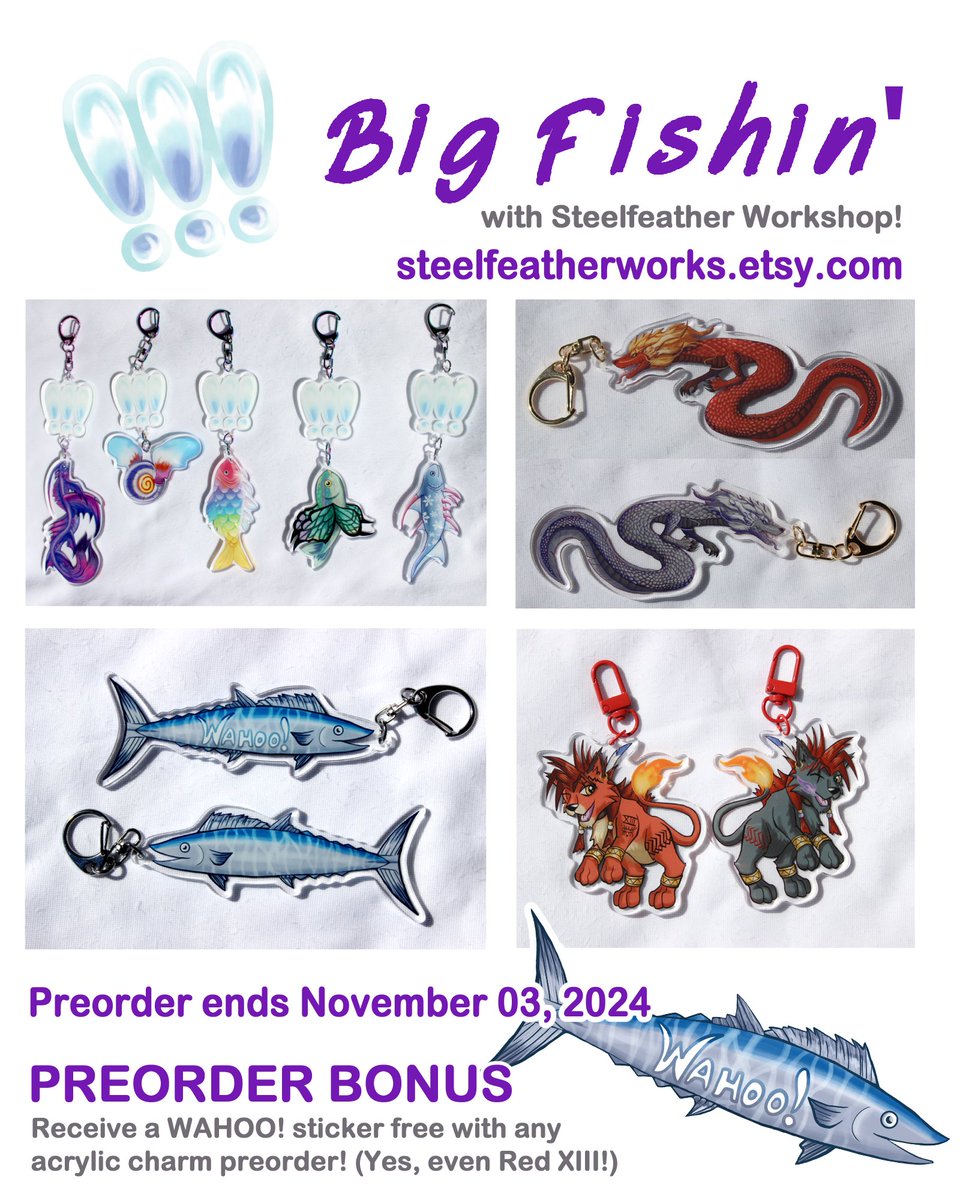 I'm thrilled to announce that I'm opening pre⭕️rders for several FFXIV fish charms and also a double-sided Red XIII charm for the FF7 fans! Check them out in the 🔗 below. 

Come grab your tacklebox and let's reel in some legendaries (or a Wahoo) together! 🎣