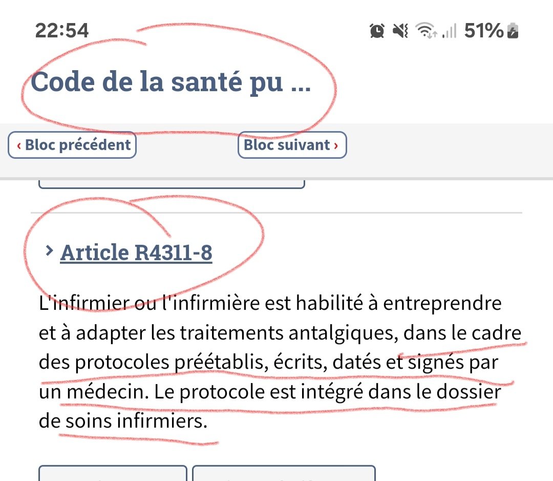 <a href="/Antoineinterne/">Antoine</a> Code de la santé publique.
Normalement un protocole (donc prescription médicale) est attaché au dossier de soins, donc à 1 patient. Et non à un service...
Nous, les ide, on attend que ça d'être un peu plus autonome !
Battez vous avec nous pour cela 😉