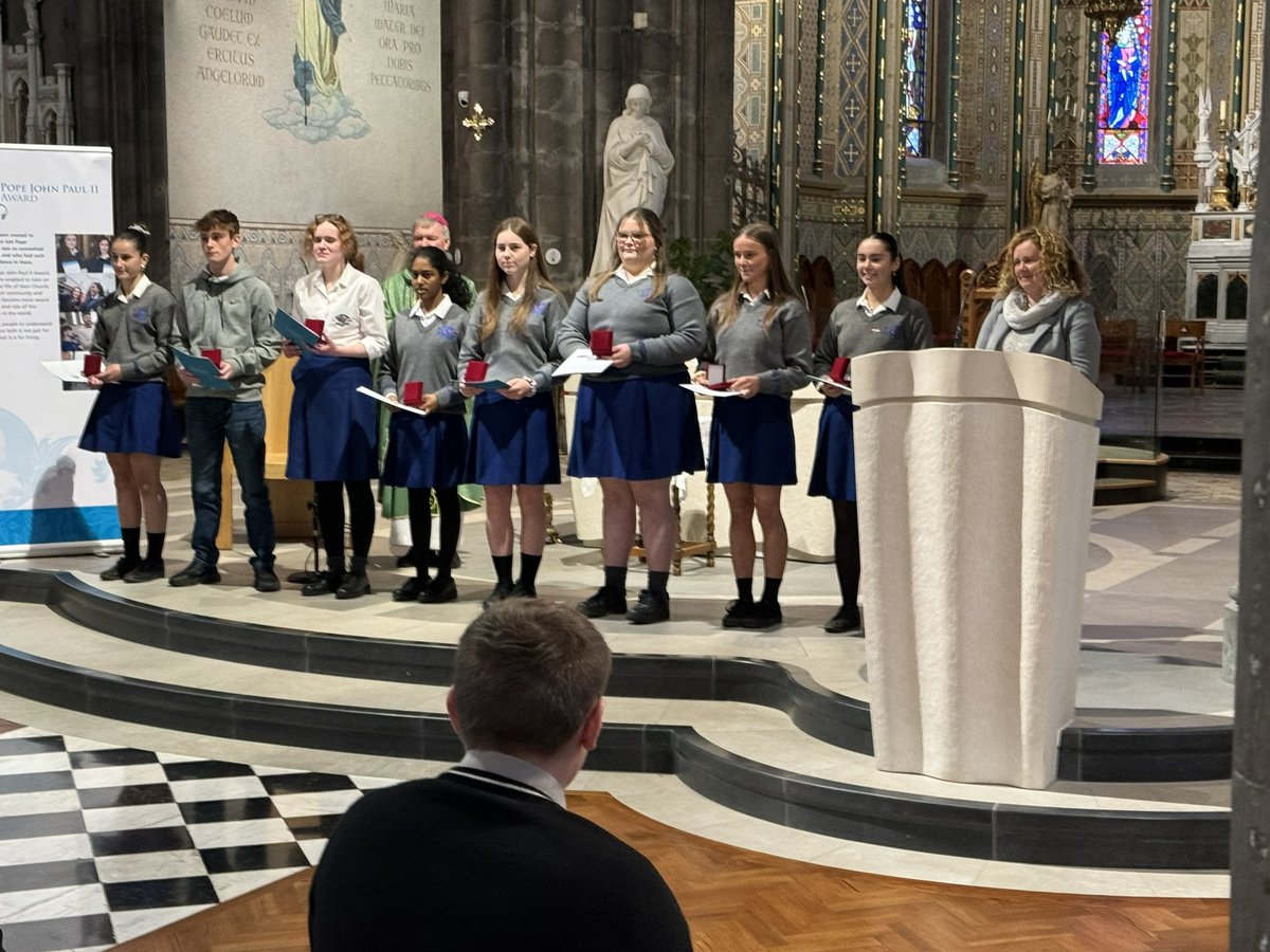 OssoryDiocese's tweet photo. Tonight Bishop Niall presented the @JP2Award to students who volunteered in their parish &amp; community. Great to see them recognised for all they did. Proud parents, grandparents &amp; parishes. Thanks to @GemmaMulligan2 who did so much to support &amp; encourage them throughout the year https://t.co/QSgFEYPBhf