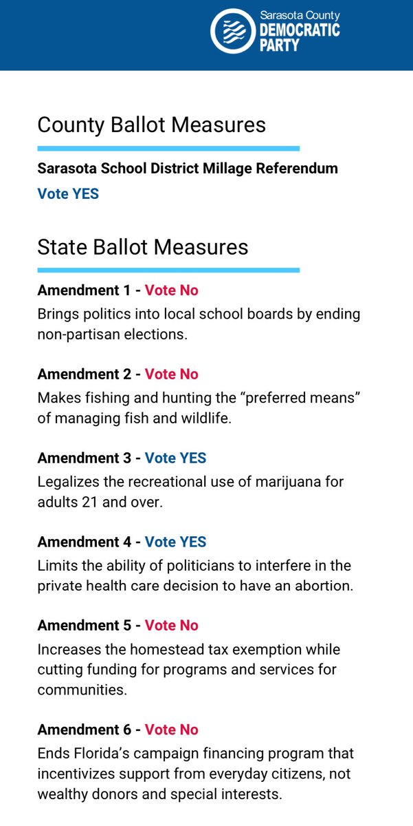 JWillaRance's tweet image. #Sarasota #Democrats voting in the 2024 General Election please see the guide below for the amendments and what they would do/how to vote.
#VotingGuide #SarasotaDems #HarrisWalz24 sarasotadems.org/_files/ugd/be5…