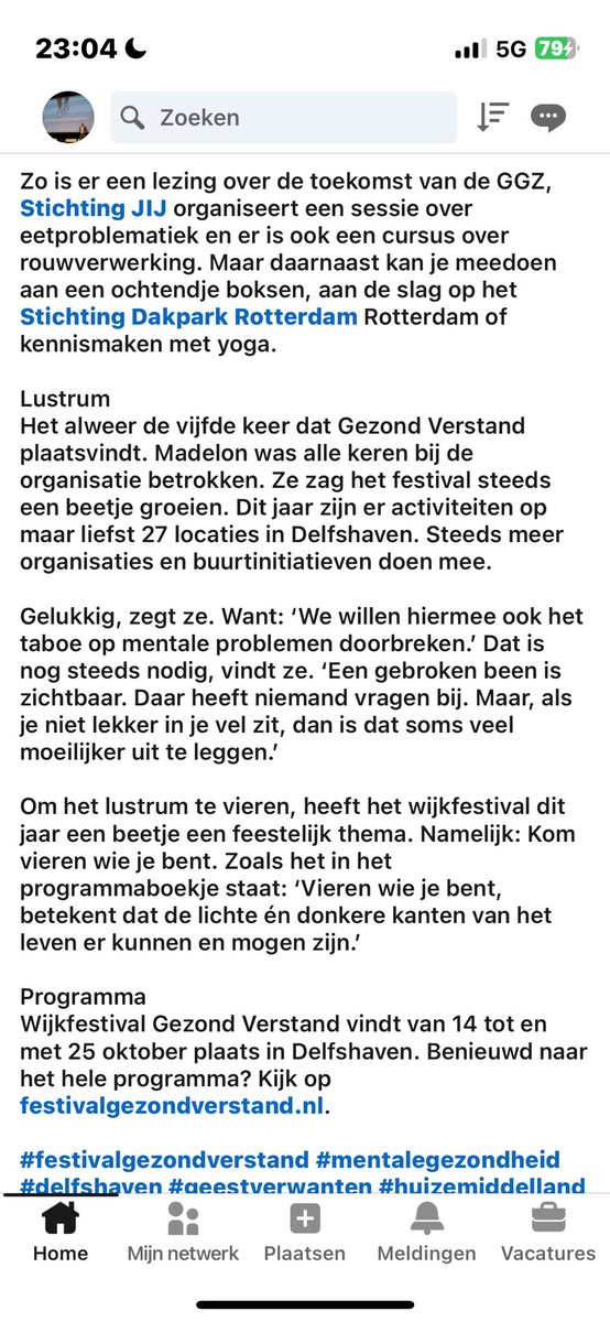 Programma
Wijkfestival Gezond Verstand vindt van 14 tot en met 25 oktober plaats in Delfshaven. Benieuwd naar het hele programma? Kijk op festivalgezondverstand.nl <a href="/Zorgvrijstaat/">Zorgvrijstaat</a>