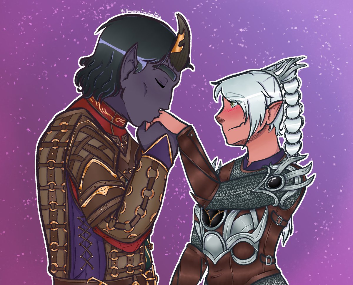 NimauraTT's tweet photo. Commission for @TheOnyxDemon of his war cleric, Oryx, kissing Shadowheart's hand https://t.co/v1FvnfRQfa
