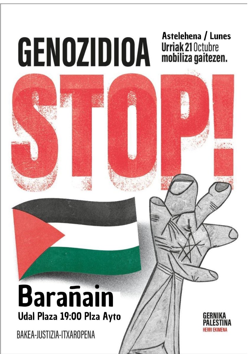 Desde la Plataforma Social de #Barañáin animamos a participar en la concentración convocada por  <a href="/GerPalesti2023/">Gernika-Palestina Herri Ekimena</a> para este lunes 21 de octubre a las 19 en la plaza del Ayuntamiento, contra el genocidio en #Palestina.
#Genozidioastop #PalestinaLibre