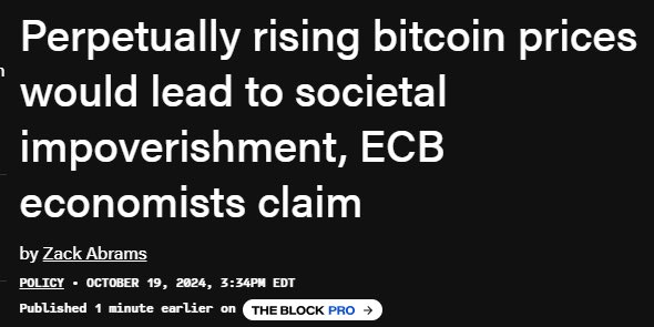 El <a href="/ecb/">European Central Bank</a> dice que el aumento perpetuo del precio de #Bitcoin conduciría al empobrecimiento social e ignora que la pérdida continua del valor del dinero fiat desincentiva el ahorro y ha llevado a millones de personas a la miseria absoluta.