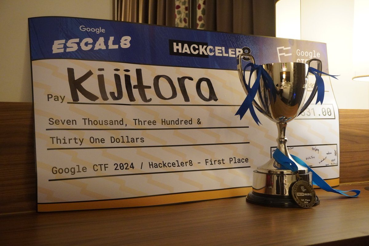 kymn_'s tweet photo. Google CTF決勝イベントのhackcerler8で日本合同チーム(kijitora)として優勝しました！🏆

かなり楽しみにしていたイベントなので本当に嬉しい、一緒に競技に参加してくれたチームメイトに感謝です🙇‍♀️ https://t.co/ij94FrceGy