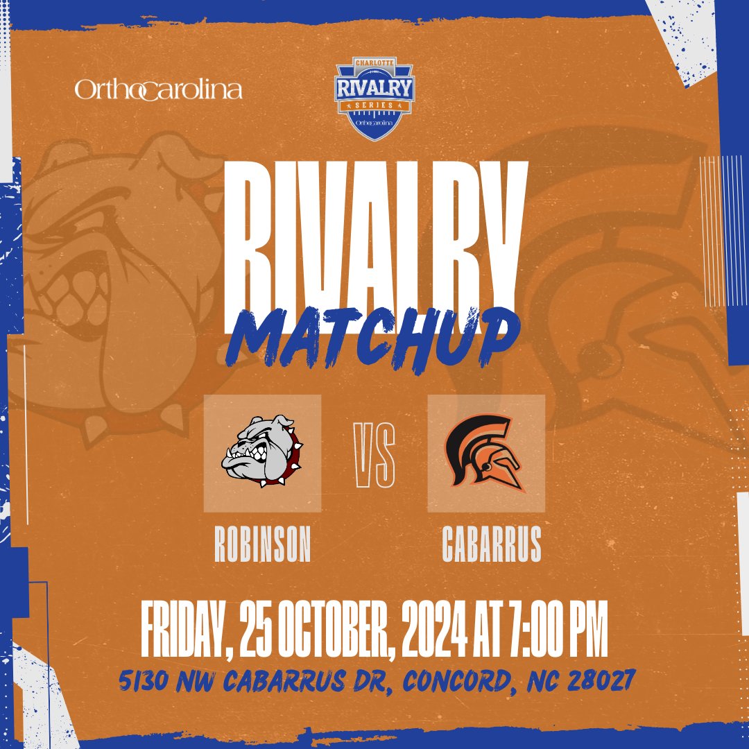 Charlotte Rivalry Series ๐ (@clt_rivalseries) on Twitter photo The fourth matchup of the Charlotte Rivalry Series is set to go this Friday!
Powered by <a href="/OrthoCarolina/">OrthoCarolina</a>
<a href="/JMRFootball/">Jay M. Robinson Football</a> vs. <a href="/NCHSTROJANS/">Northwest Cabarrus Athletics</a>
๐October 25, 2024
โ๏ธ7:00 PM
๐ Northwest Cabarrus HS
๐บ @nfhsnetwork (Free) The fourth matchup of the Charlotte Rivalry Series is set to go this Friday!
Powered by <a href="/OrthoCarolina/">OrthoCarolina</a>
<a href="/JMRFootball/">Jay M. Robinson Football</a> vs. <a href="/NCHSTROJANS/">Northwest Cabarrus Athletics</a>
๐October 25, 2024
โ๏ธ7:00 PM
๐ Northwest Cabarrus HS
๐บ @nfhsnetwork (Free)