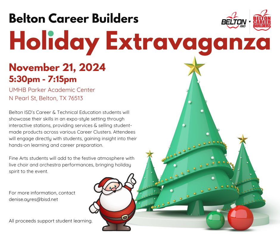 SAVE THE DATE! 
Kick off the holiday season with <a href="/BeltonISD/">BeltonISD</a> #CTE and #FineArts at the #BeltonCareerBuilders #HolidayExtravaganza. Engage in an expo-style showcase of interactive stations where students lead demonstrations and/or sell hand-made products.