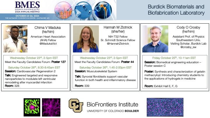 Burdick Lab will be at #BMES2024 in Baltimore this week! 

Check out presentations from Dr. Chima Maduka (<a href="/MadukaVict/">Chima Maduka</a>), Dr. Hannah Zlotnick (<a href="/HannahZlotnick/">Hannah Zlotnick</a>), and Dr. Cody Crosby (<a href="/crosby_sw/">Cody Crosby</a>)! DM to connect with us in person.