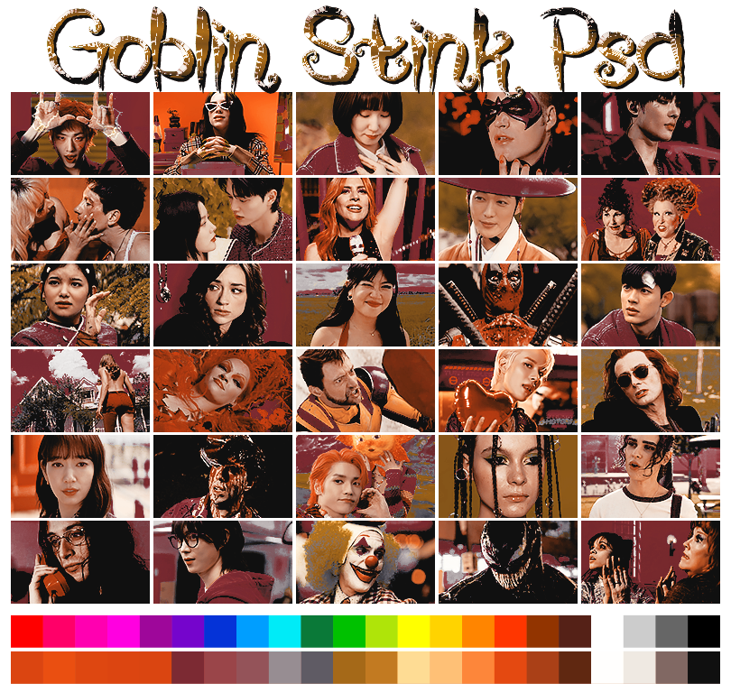 GOBLIN STINK  ➠   a halloween themed coloring psd by #pinkinnards  🎃  with shades of bright orange, dull reds and mossy yellows,   NOT POC FRIENDLY.   available on  GUMROAD  (pinkinnards.gumroad.com/l/goblinstink)  &amp;  DEVIANTART  (deviantart.com/pinkinnards/ar…)
