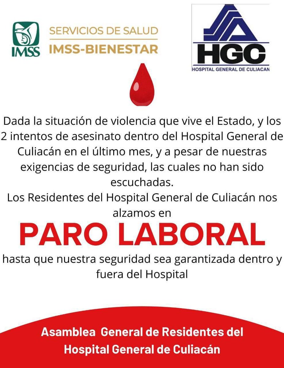 Personal del sector salud de Sinaloa entra en paro laboral debido a la falta de seguridad en los hospitales donde se han dado agresiones armadas para rematar internos hospitalizados !!
