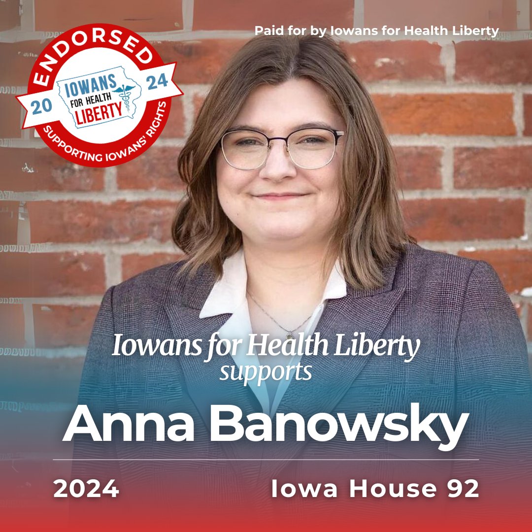 Anna Banowsky is a #ReproductiveRights advocate and education champion. We proudly endorse her for Iowa House District 92!
 
🔗 Learn more and support the work of #IA4HL - iowans4healthliberty.com/donate-to-supp…

#Vote2024 #VoteIowa #Iowans4HealthLiberty #HealthcareFreedom