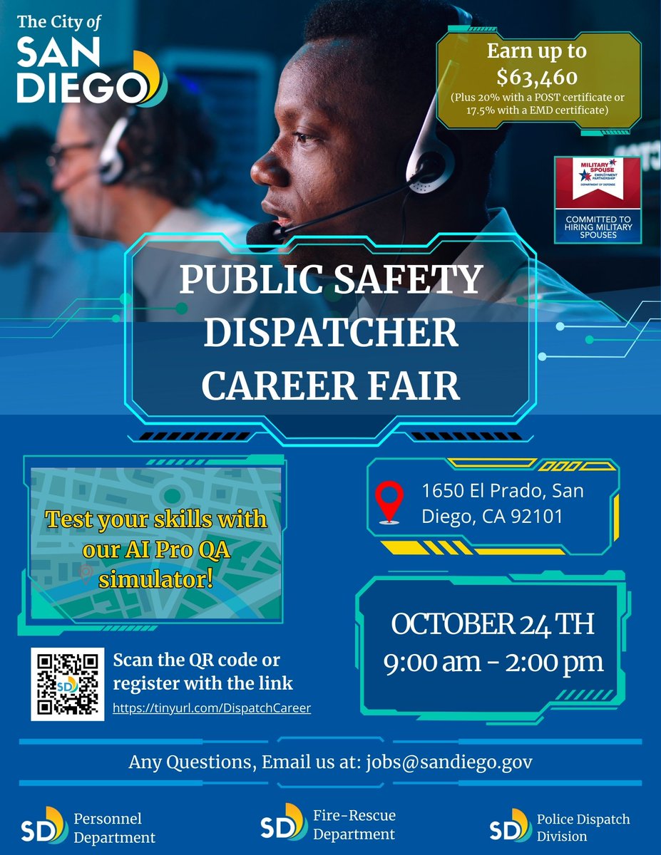 SDFD's tweet image. A great career with @SDFD or @SanDiegoPD awaits. The Public Safety Dispatcher Career Fair is set for Oct. 24, 9a to 2p at Casa Del Prado, 1650 El Prado. All are welcome! 
And check out the fire dispatcher page bit.ly/3xcgwmJ 
We are hiring now! 
#dispatcher #career
