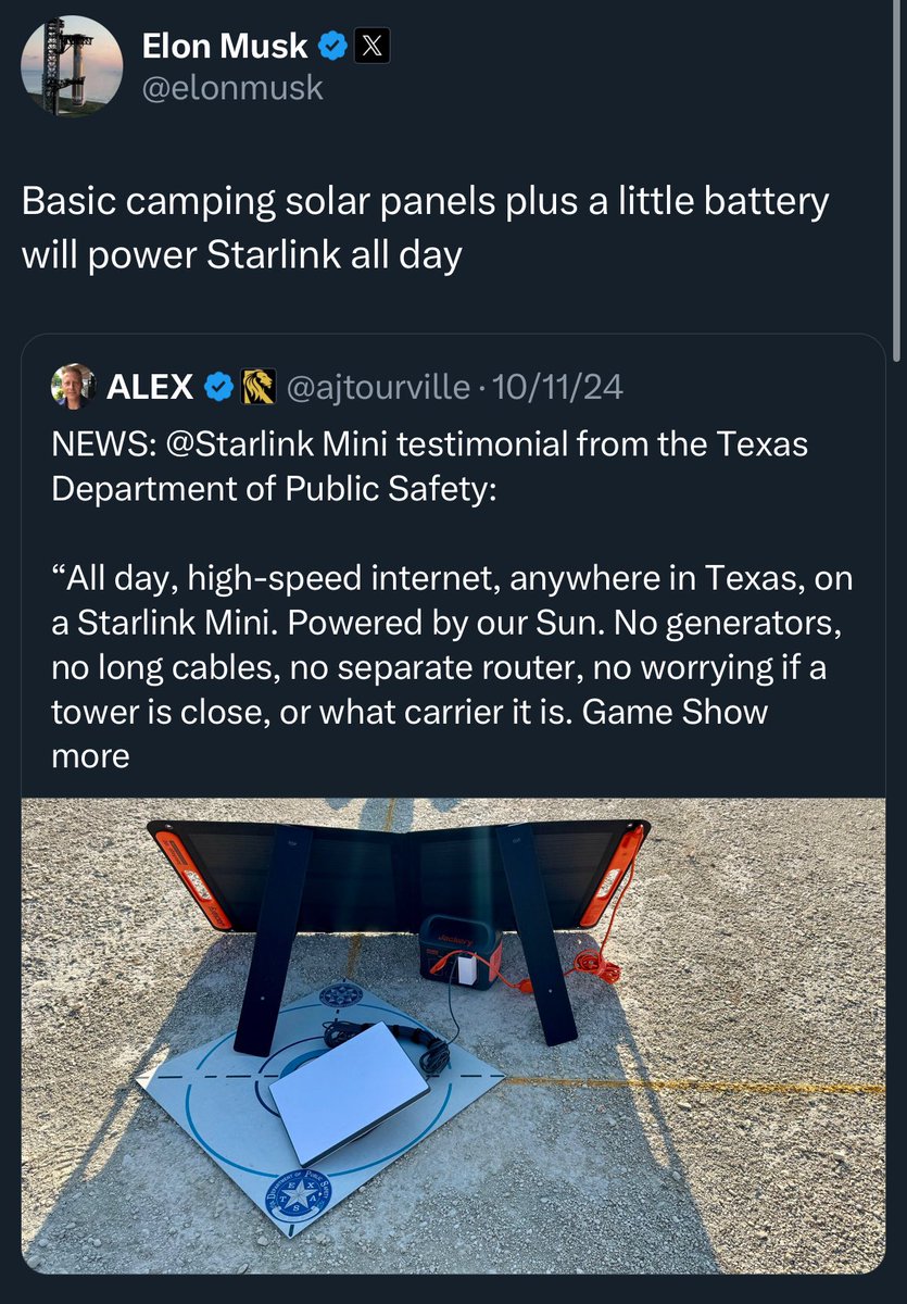 greg16676935420's tweet photo. Have you ever lost electricity and thought omg how am I going to tweet if my phone dies?!

So have I and that’s why I have partnered with @jackeryinc to show you their cool power pack that will never have you worrying about this again

Like Elon says below if you pair this with Starlink you’ll never have another worry in the world

Do you think this would be useful?