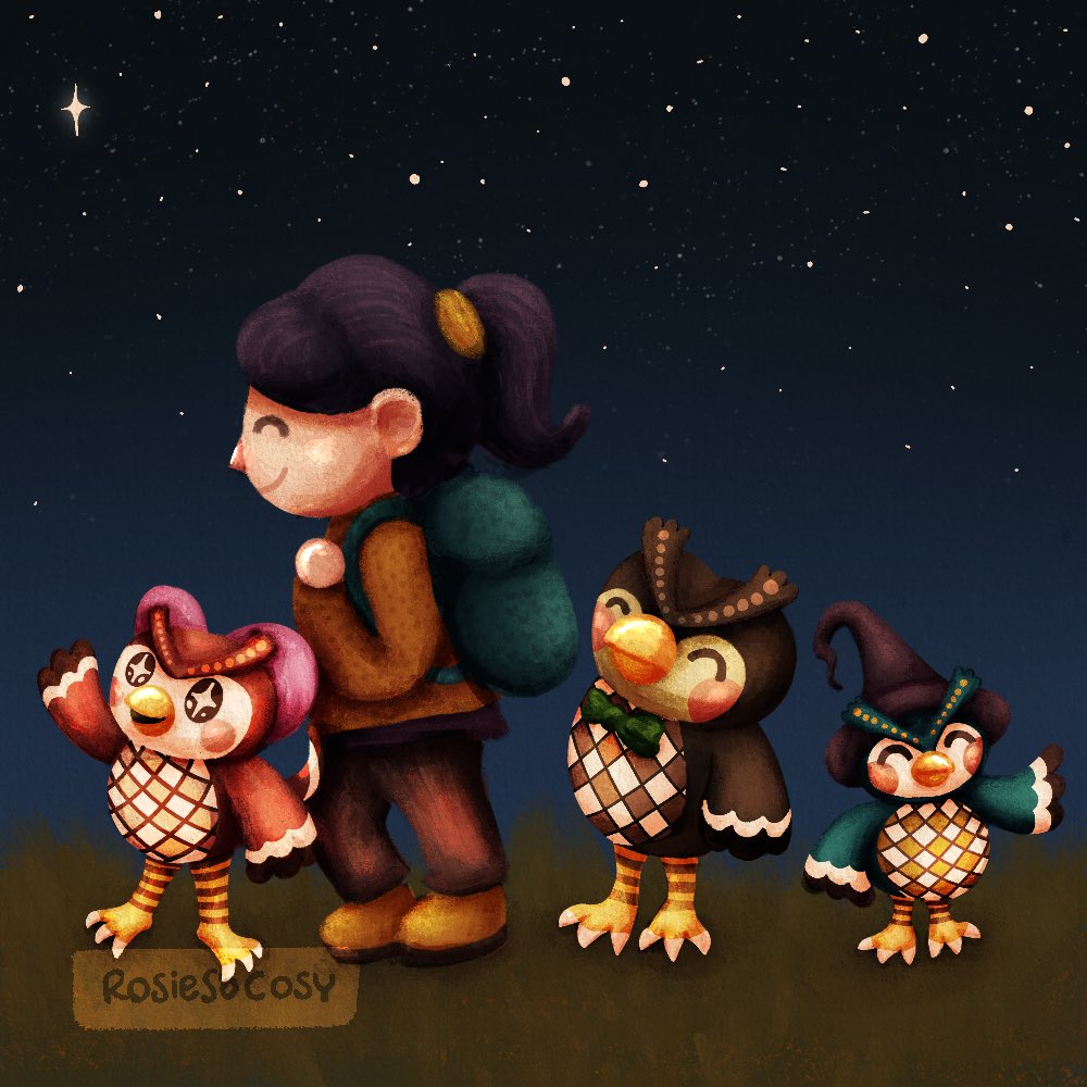 #Cosytober2024 Day 19: Owl

Celeste, female player, Blathers, and an unnamed young owl sibling dressed as a wizard.

#Cosytober #Inktober #Inktober2024 #AnimalCrossing #Illustration #AnimalCrossingNewHorizons #ACNH #ACNL #KidLitArt #KidLitIllustration