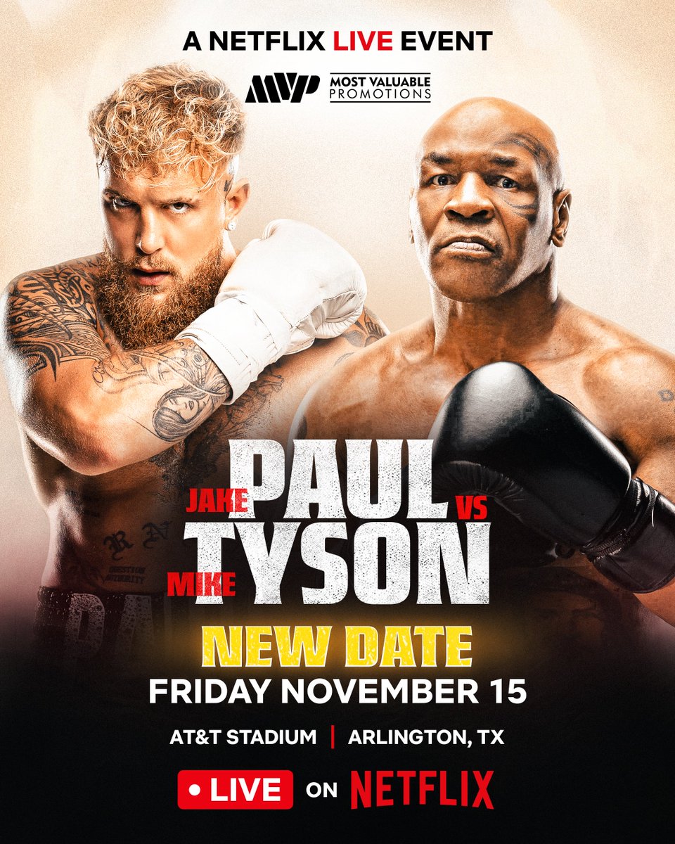 It’s JAKE PAUL vs. MIKE TYSON — yes, really! — in a LIVE BOXING event at AT&amp;T Stadium you won’t want to miss. Airing live on Netflix Saturday, Nov 15 #PaulTyson